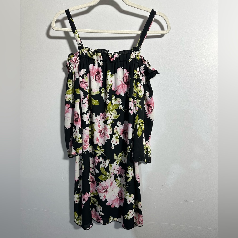 Lily Rose Women’s M Floral Black Pink‎ Green Off-Shoulder Lined Dress | SKU 0746
